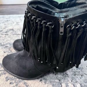 Not Rated black suede look fringe booties.